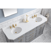 Water Creation 72" Palace Collection Quartz Carrara Cashmere Grey Bathroom Vanity Set with Hardware and F2-0013 Faucets in Satin Gold Finish and Only Mirrors in Chrome Finish PA72C-0613CG - Model Bath