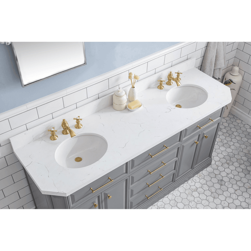 Water Creation 72" Palace Collection Quartz Carrara Cashmere Grey Bathroom Vanity Set with Hardware and F2-0013 Faucets in Satin Gold Finish and Only Mirrors in Chrome Finish PA72C-0613CG - Model Bath