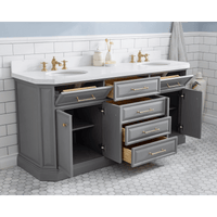 Water Creation 72" Palace Collection Quartz Carrara Cashmere Grey Bathroom Vanity Set with Hardware and F2-0013 Faucets in Satin Gold Finish and Only Mirrors in Chrome Finish PA72C-0613CG - Model Bath