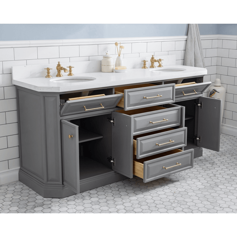 Water Creation 72" Palace Collection Quartz Carrara Cashmere Grey Bathroom Vanity Set with Hardware and F2-0013 Faucets in Satin Gold Finish and Only Mirrors in Chrome Finish PA72C-0613CG - Model Bath