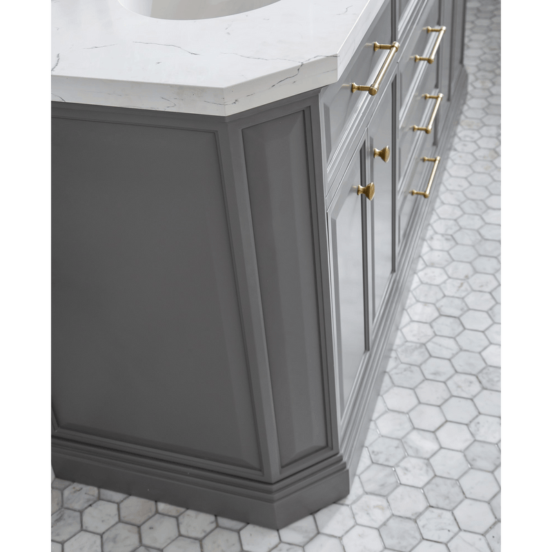 Water Creation 72" Palace Collection Quartz Carrara Cashmere Grey Bathroom Vanity Set with Hardware and F2-0013 Faucets in Satin Gold Finish and Only Mirrors in Chrome Finish PA72C-0613CG - Model Bath
