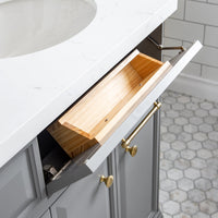 Water Creation 72" Palace Collection Quartz Carrara Cashmere Grey Bathroom Vanity Set with Hardware and F2-0013 Faucets in Satin Gold Finish and Only Mirrors in Chrome Finish PA72D-0613CG - Model Bath