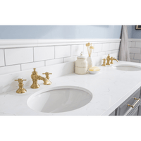 Water Creation 72" Palace Collection Quartz Carrara Cashmere Grey Bathroom Vanity Set with Hardware and F2-0013 Faucets in Satin Gold Finish and Only Mirrors in Chrome Finish PA72C-0613CG - Model Bath