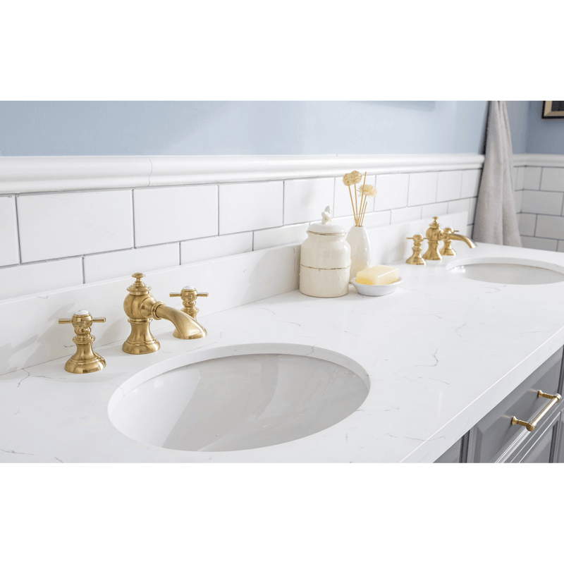 Water Creation 72" Palace Collection Quartz Carrara Cashmere Grey Bathroom Vanity Set with Hardware and F2-0013 Faucets in Satin Gold Finish and Only Mirrors in Chrome Finish PA72C-0613CG - Model Bath