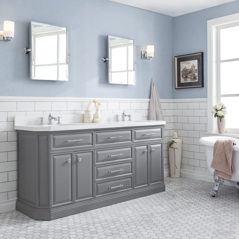 Water Creation 72" Palace Collection Quartz Carrara Cashmere Grey Bathroom Vanity Set with Hardware and F2-0013 Faucets, Mirror in Chrome Finish PA72D-0113CG - Model Bath