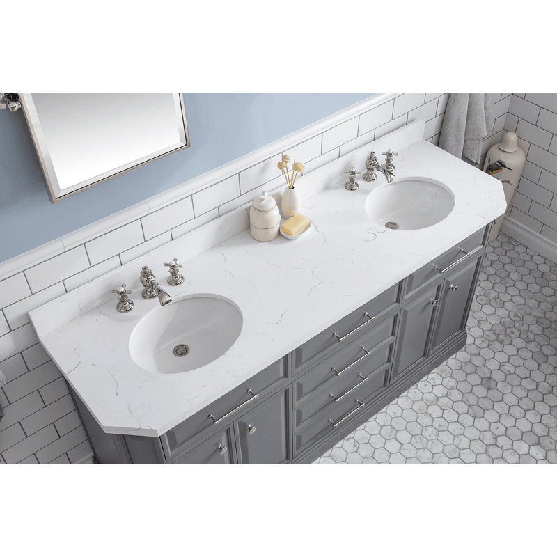 Water Creation 72" Palace Collection Quartz Carrara Cashmere Grey Bathroom Vanity Set with Hardware and F2-0013 Faucets, Mirror in Polished Nickel (PVD) Finish PA72D-0513CG - Model Bath