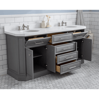 Water Creation 72" Palace Collection Quartz Carrara Cashmere Grey Bathroom Vanity Set with Hardware and F2-0013 Faucets, Mirror in Polished Nickel (PVD) Finish PA72D-0513CG - Model Bath