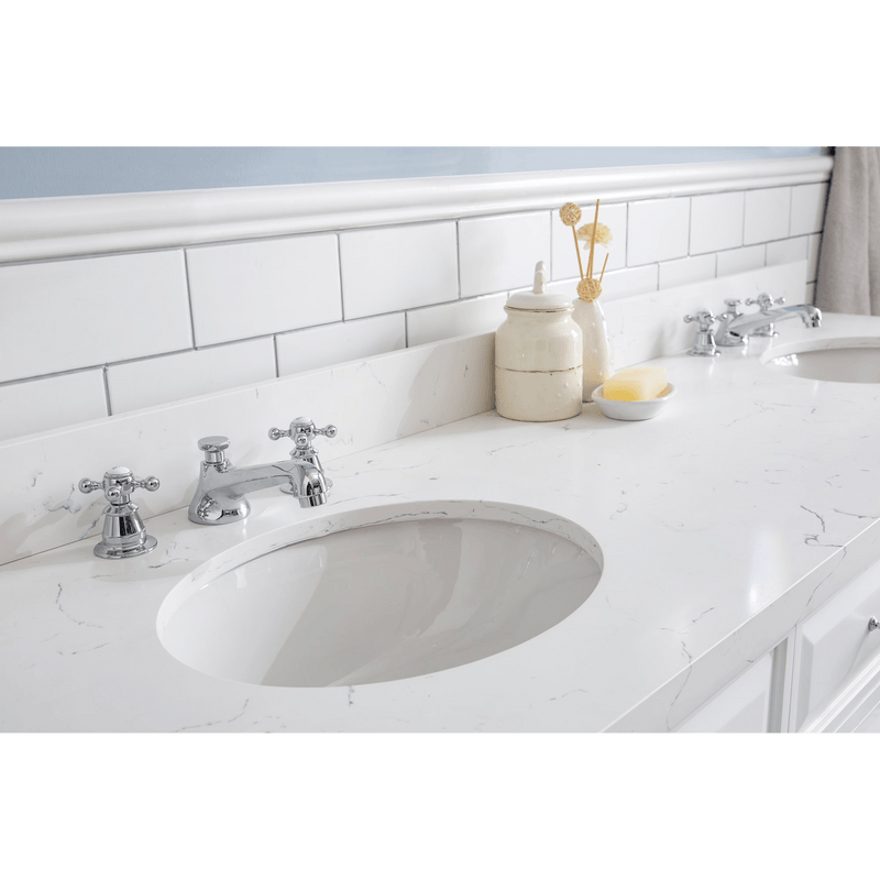 Water Creation 72" Palace Collection Quartz Carrara Pure White Bathroom Vanity Set with Hardware and F2-0009 Faucets in Chrome Finish PA72C-0109PW - Model Bath
