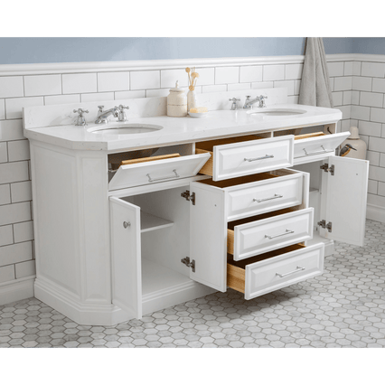 Water Creation 72" Palace Collection Quartz Carrara Pure White Bathroom Vanity Set with Hardware and F2-0009 Faucets in Chrome Finish PA72C-0109PW - Model Bath