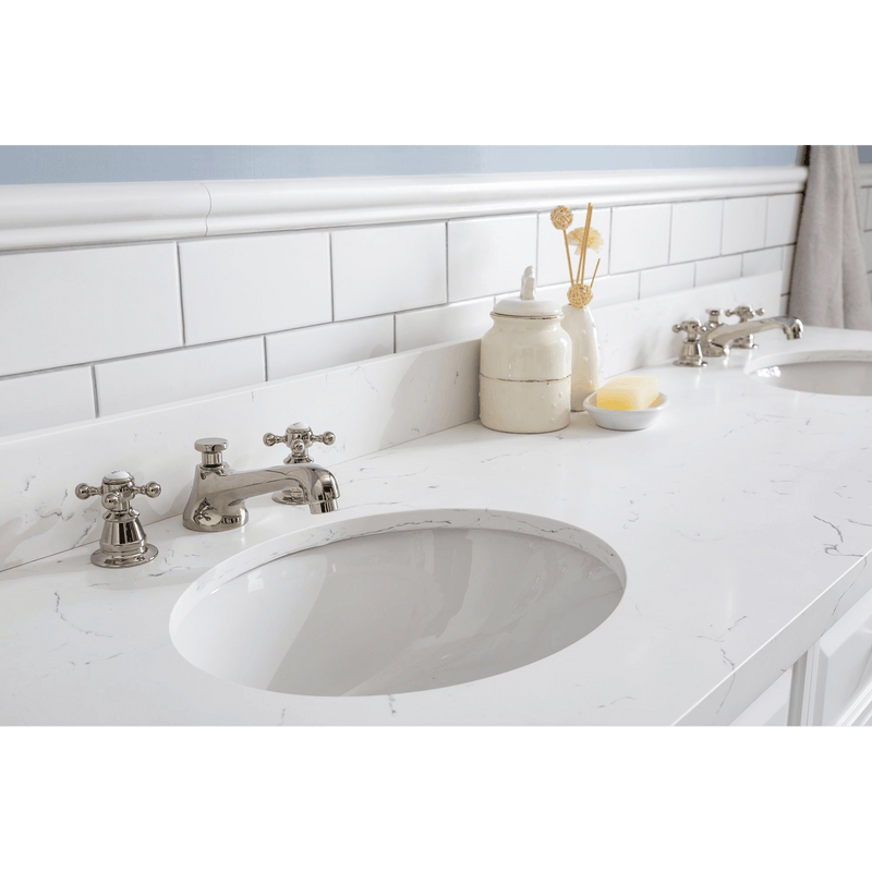 Water Creation 72" Palace Collection Quartz Carrara Pure White Bathroom Vanity Set with Hardware and F2-0009 Faucets in Polished Nickel (PVD) Finish PA72C-0509PW - Model Bath