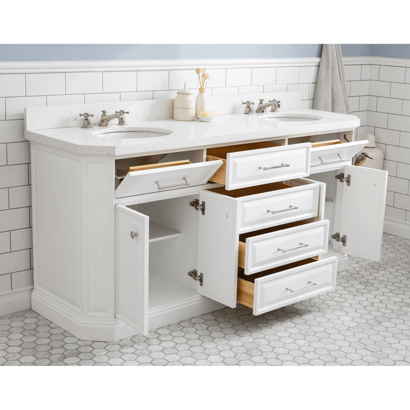Water Creation 72" Palace Collection Quartz Carrara Pure White Bathroom Vanity Set with Hardware and F2-0009 Faucets in Polished Nickel (PVD) Finish PA72C-0509PW - Model Bath