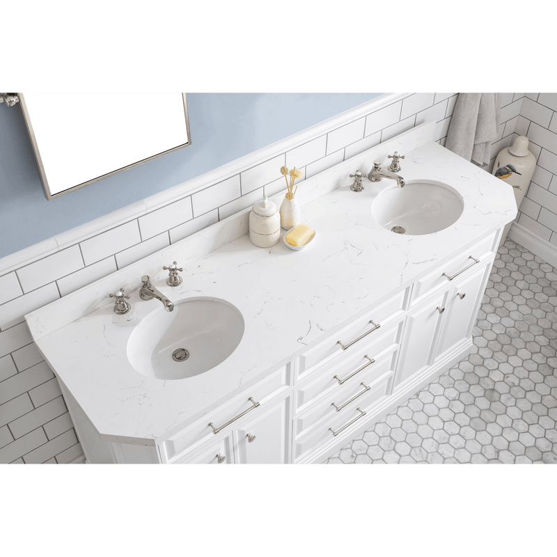 Water Creation 72" Palace Collection Quartz Carrara Pure White Bathroom Vanity Set with Hardware and F2-0009 Faucets in Polished Nickel (PVD) Finish PA72C-0509PW - Model Bath