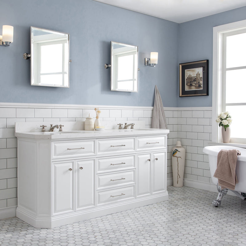 Water Creation 72" Palace Collection Quartz Carrara Pure White Bathroom Vanity Set with Hardware and F2-0009 Faucets in Polished Nickel (PVD) Finish PA72C-0509PW - Model Bath