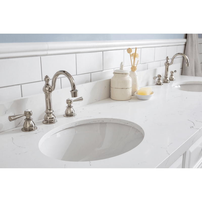 Water Creation 72" Palace Collection Quartz Carrara Pure White Bathroom Vanity Set with Hardware and F2-0012 Faucets in Polished Nickel (PVD) Finish PA72C-0512PW - Model Bath
