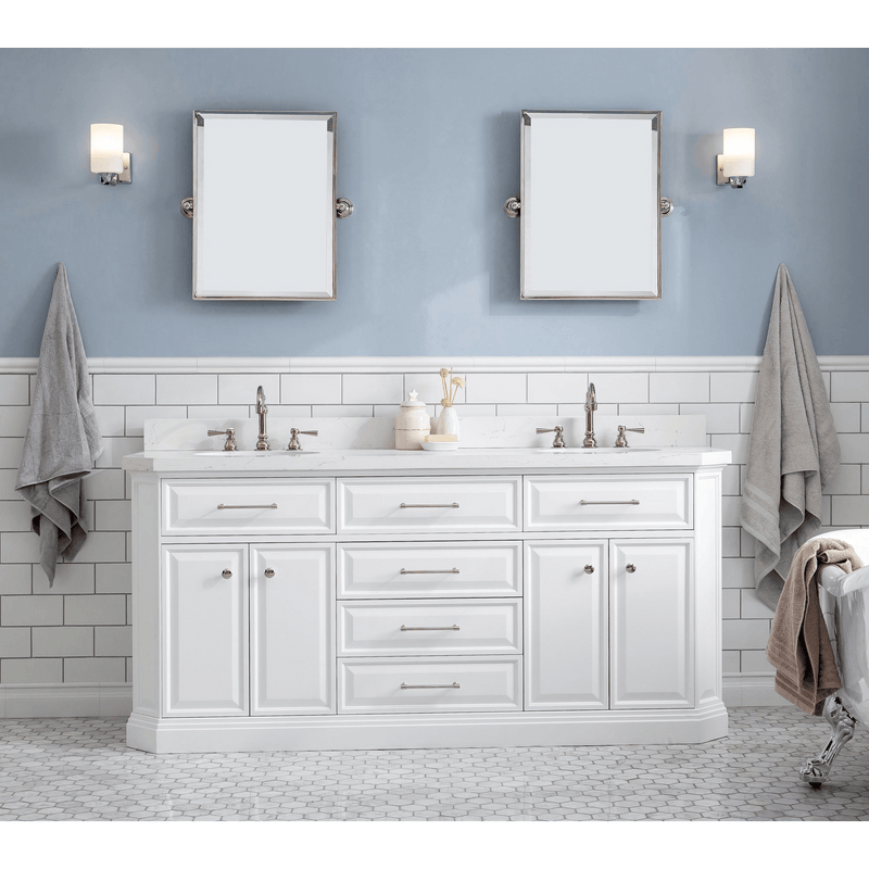 Water Creation 72" Palace Collection Quartz Carrara Pure White Bathroom Vanity Set with Hardware and F2-0012 Faucets in Polished Nickel (PVD) Finish PA72C-0512PW - Model Bath