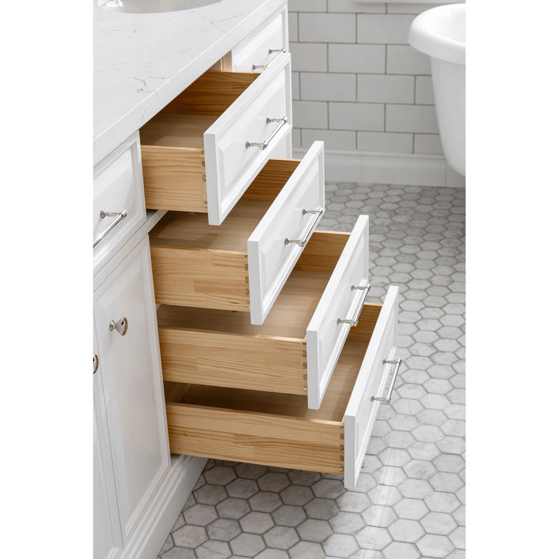 Water Creation 72" Palace Collection Quartz Carrara Pure White Bathroom Vanity Set with Hardware and F2-0012 Faucets in Polished Nickel (PVD) Finish PA72C-0512PW - Model Bath