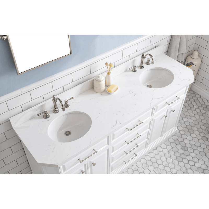 Water Creation 72" Palace Collection Quartz Carrara Pure White Bathroom Vanity Set with Hardware and F2-0012 Faucets in Polished Nickel (PVD) Finish PA72C-0512PW - Model Bath