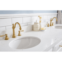 Water Creation 72" Palace Collection Quartz Carrara Pure White Bathroom Vanity Set with Hardware and F2-0012 Faucets in Satin Gold Finish and Only Mirrors in Chrome Finish PA72C-0612PW - Model Bath