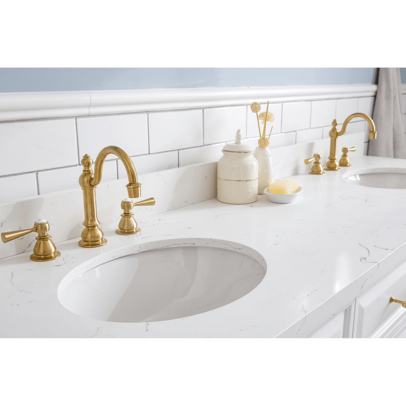 Water Creation 72" Palace Collection Quartz Carrara Pure White Bathroom Vanity Set with Hardware and F2-0012 Faucets in Satin Gold Finish and Only Mirrors in Chrome Finish PA72C-0612PW - Model Bath