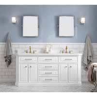 Water Creation 72" Palace Collection Quartz Carrara Pure White Bathroom Vanity Set with Hardware and F2-0012 Faucets in Satin Gold Finish and Only Mirrors in Chrome Finish PA72D-0612PW - Model Bath