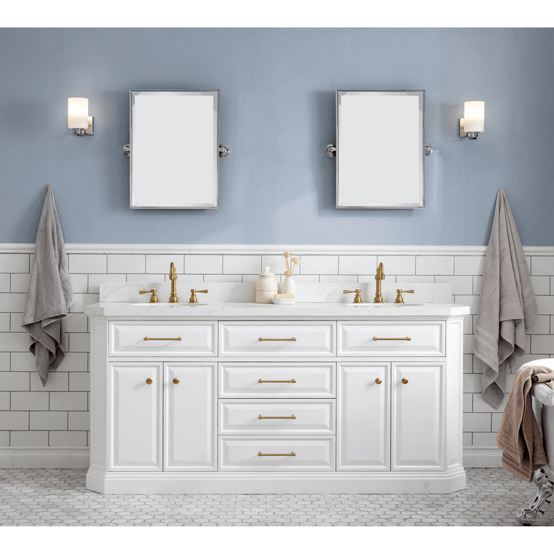 Water Creation 72" Palace Collection Quartz Carrara Pure White Bathroom Vanity Set with Hardware and F2-0012 Faucets in Satin Gold Finish and Only Mirrors in Chrome Finish PA72D-0612PW - Model Bath
