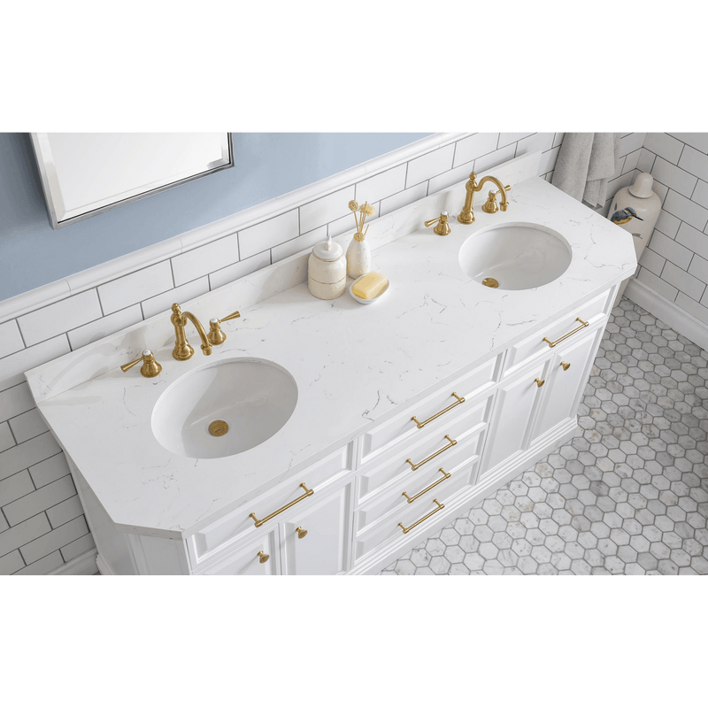 Water Creation 72" Palace Collection Quartz Carrara Pure White Bathroom Vanity Set with Hardware and F2-0012 Faucets in Satin Gold Finish and Only Mirrors in Chrome Finish PA72C-0612PW - Model Bath