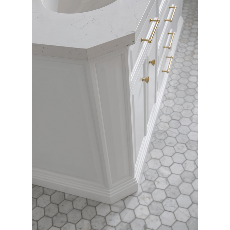 Water Creation 72" Palace Collection Quartz Carrara Pure White Bathroom Vanity Set with Hardware and F2-0012 Faucets in Satin Gold Finish and Only Mirrors in Chrome Finish PA72C-0612PW - Model Bath