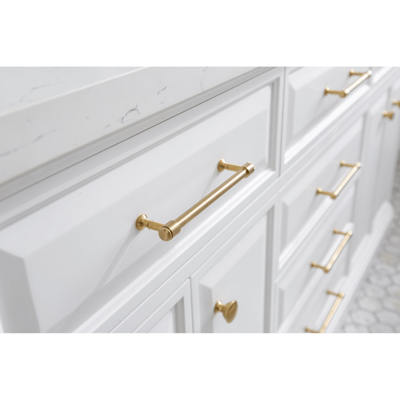 Water Creation 72" Palace Collection Quartz Carrara Pure White Bathroom Vanity Set with Hardware and F2-0012 Faucets in Satin Gold Finish and Only Mirrors in Chrome Finish PA72C-0612PW - Model Bath