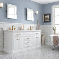 Water Creation 72" Palace Collection Quartz Carrara Pure White Bathroom Vanity Set with Hardware and F2-0012 Faucets in Satin Gold Finish and Only Mirrors in Chrome Finish PA72C-0612PW - Model Bath