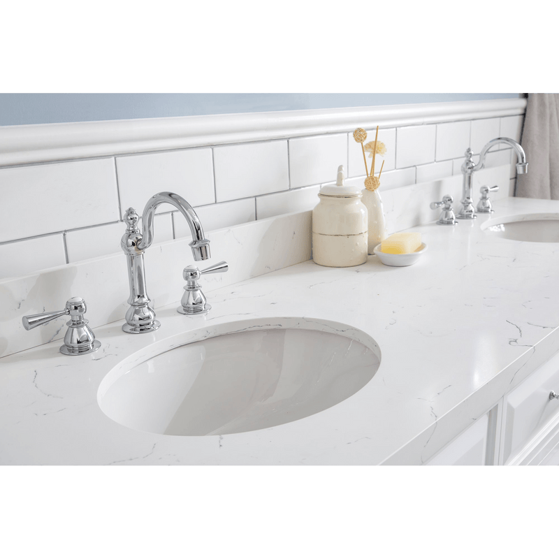 Water Creation 72" Palace Collection Quartz Carrara Pure White Bathroom Vanity Set with Hardware and F2-0012 Faucets, Mirror in Chrome Finish PA72D-0112PW - Model Bath