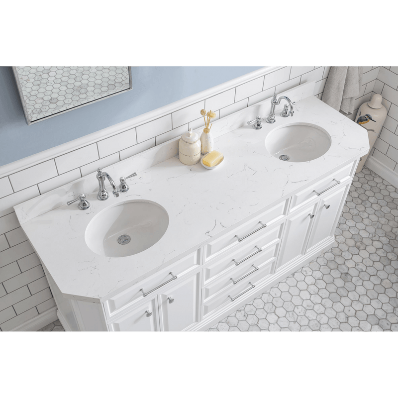 Water Creation 72" Palace Collection Quartz Carrara Pure White Bathroom Vanity Set with Hardware and F2-0012 Faucets, Mirror in Chrome Finish PA72D-0112PW - Model Bath