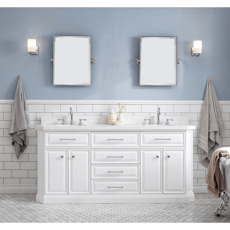 Water Creation 72" Palace Collection Quartz Carrara Pure White Bathroom Vanity Set with Hardware and F2-0012 Faucets, Mirror in Chrome Finish PA72D-0112PW - Model Bath