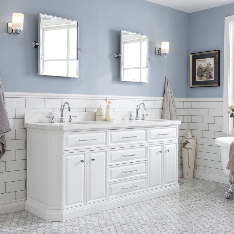 Water Creation 72" Palace Collection Quartz Carrara Pure White Bathroom Vanity Set with Hardware and F2-0012 Faucets, Mirror in Chrome Finish PA72D-0112PW - Model Bath