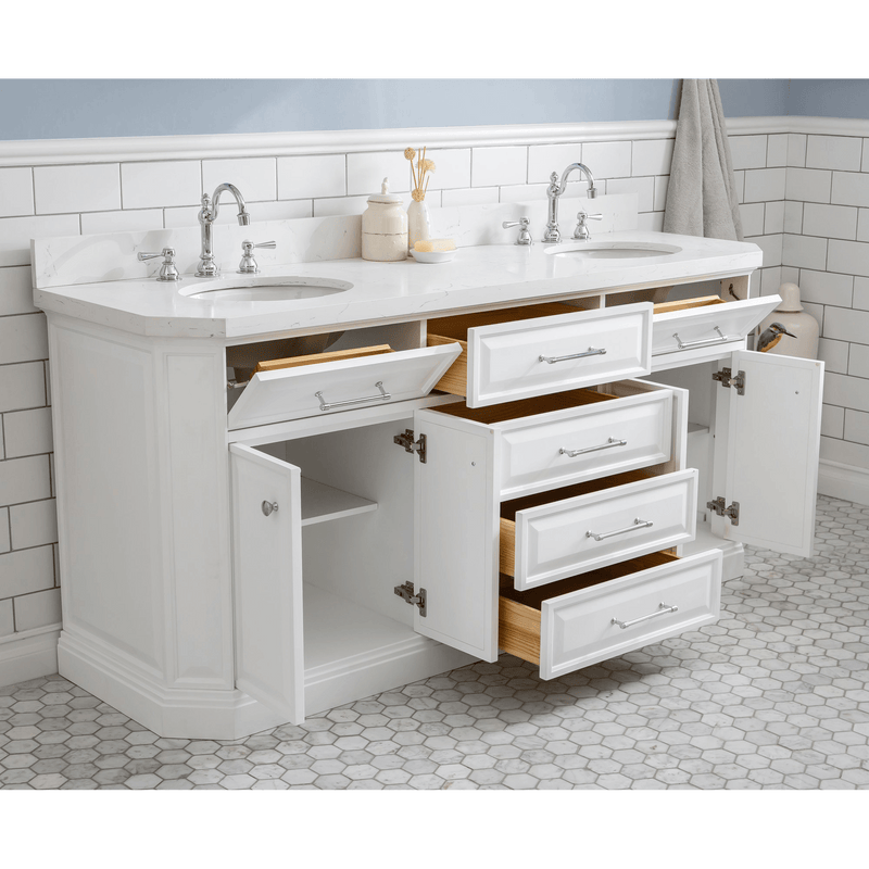Water Creation 72" Palace Collection Quartz Carrara Pure White Bathroom Vanity Set with Hardware and F2-0012 Faucets, Mirror in Chrome Finish PA72D-0112PW - Model Bath