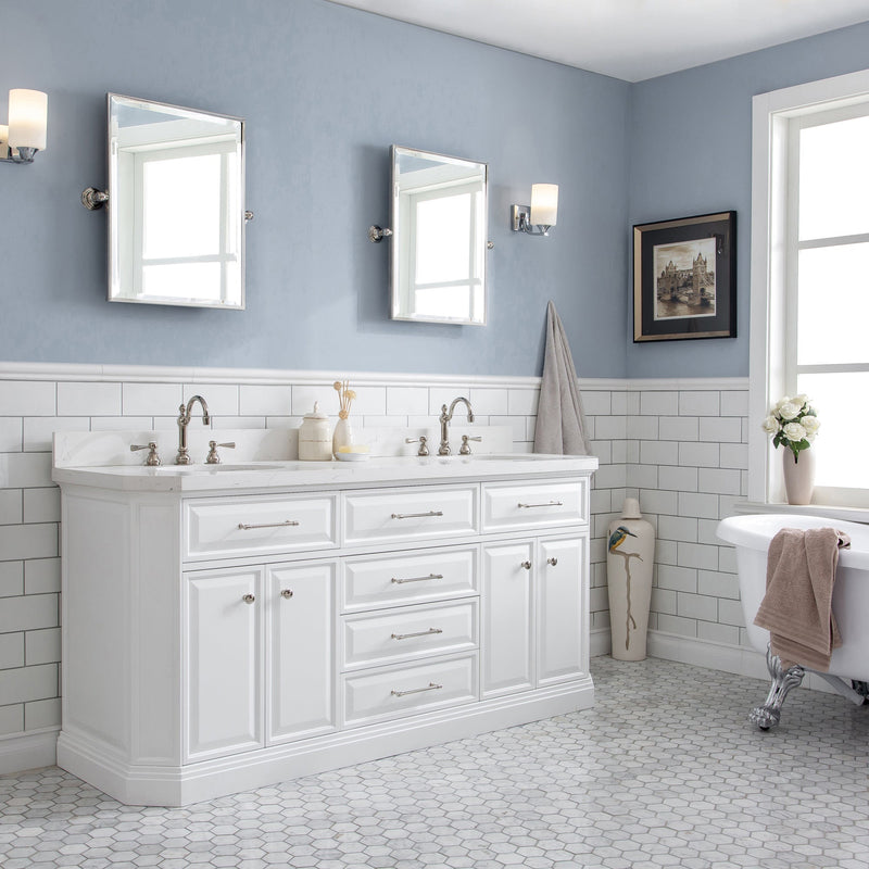 Water Creation 72" Palace Collection Quartz Carrara Pure White Bathroom Vanity Set with Hardware and F2-0012 Faucets, Mirror in Polished Nickel (PVD) Finish PA72D-0512PW - Model Bath