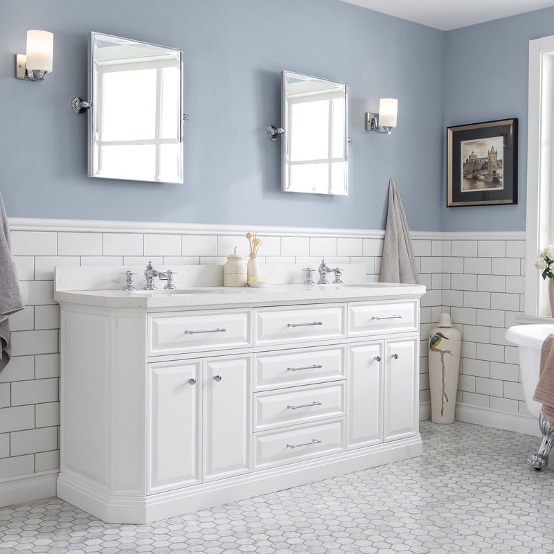 Water Creation 72" Palace Collection Quartz Carrara Pure White Bathroom Vanity Set with Hardware and F2-0013 Faucets in Chrome Finish PA72C-0113PW - Model Bath