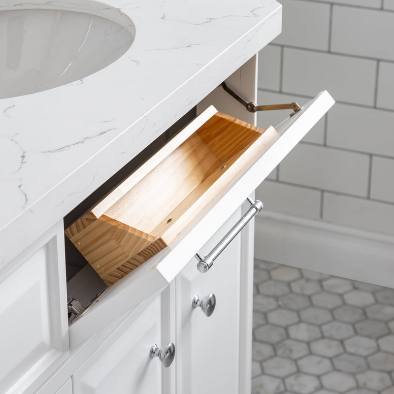 Water Creation 72" Palace Collection Quartz Carrara Pure White Bathroom Vanity Set with Hardware and F2-0013 Faucets in Chrome Finish PA72C-0113PW - Model Bath