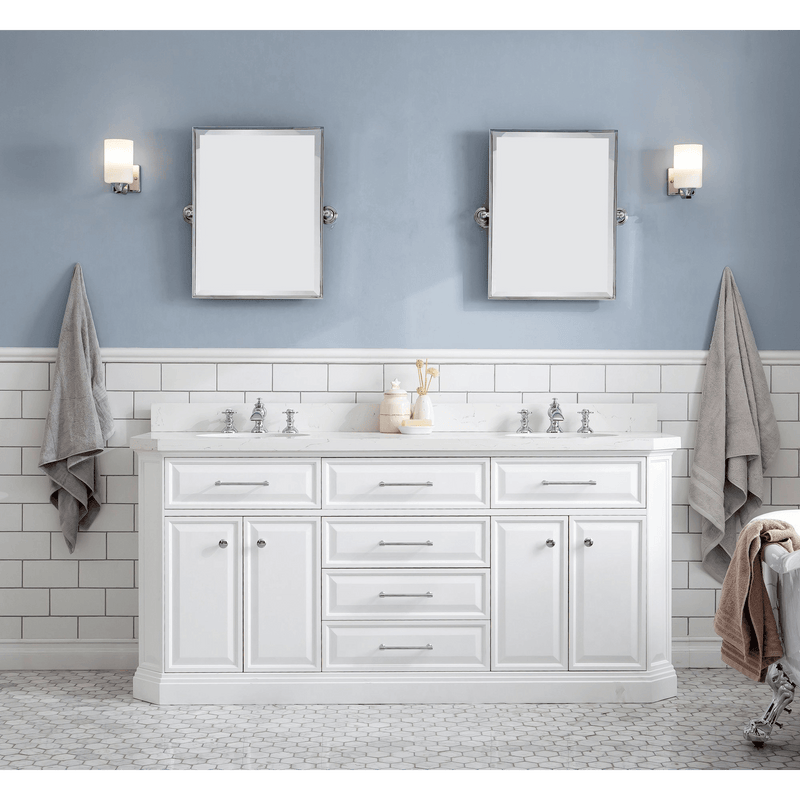 Water Creation 72" Palace Collection Quartz Carrara Pure White Bathroom Vanity Set with Hardware and F2-0013 Faucets in Chrome Finish PA72C-0113PW - Model Bath