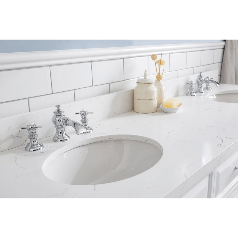 Water Creation 72" Palace Collection Quartz Carrara Pure White Bathroom Vanity Set with Hardware and F2-0013 Faucets in Chrome Finish PA72C-0113PW - Model Bath