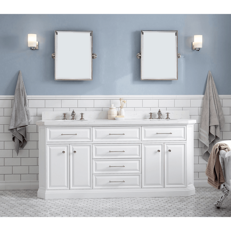 Water Creation 72" Palace Collection Quartz Carrara Pure White Bathroom Vanity Set with Hardware and F2-0013 Faucets in Polished Nickel (PVD) Finish PA72C-0513PW - Model Bath