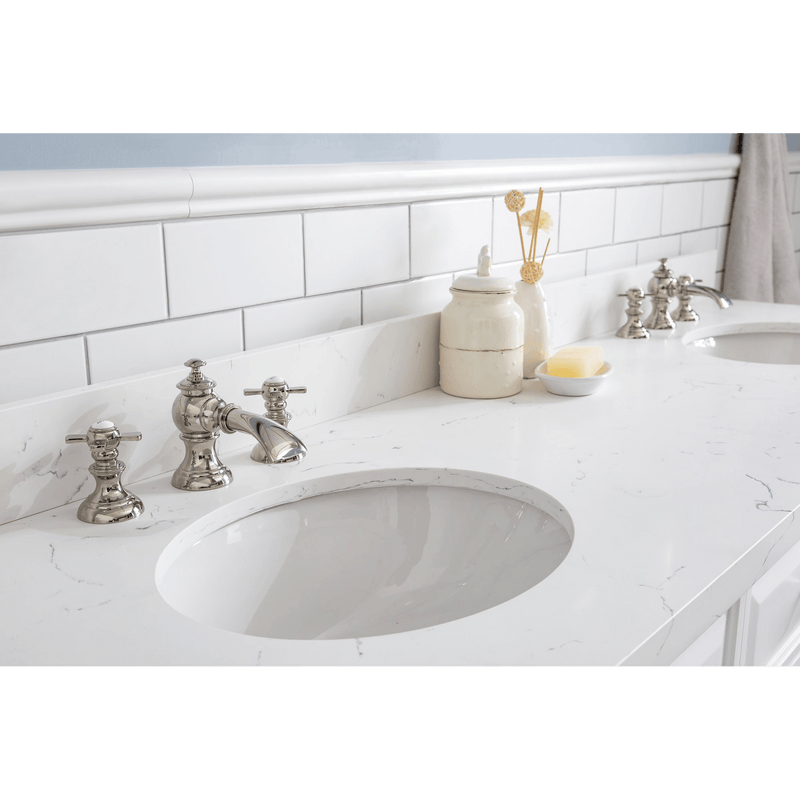Water Creation 72" Palace Collection Quartz Carrara Pure White Bathroom Vanity Set with Hardware and F2-0013 Faucets in Polished Nickel (PVD) Finish PA72C-0513PW - Model Bath