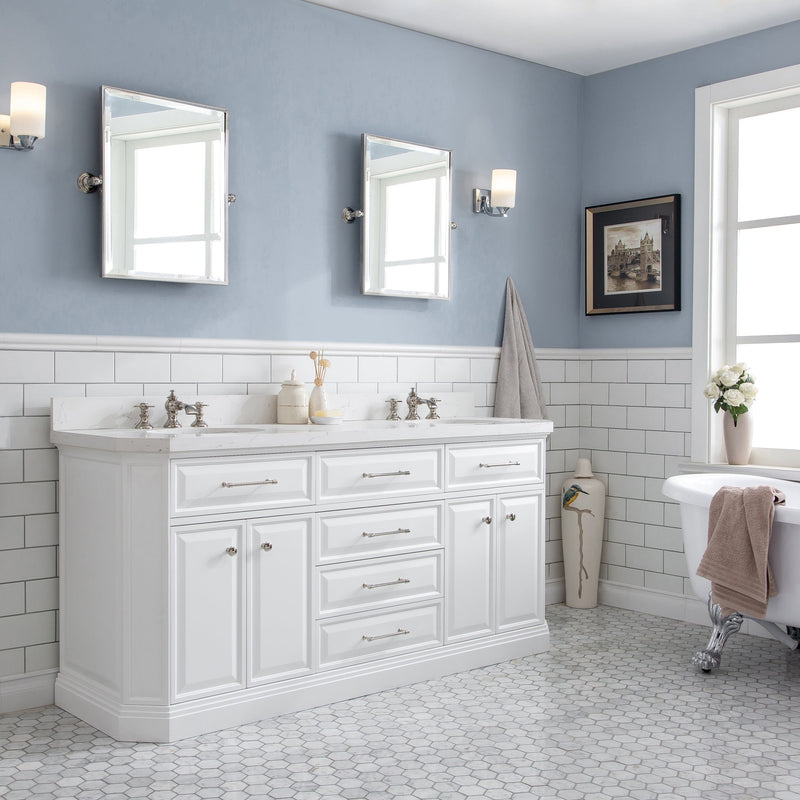 Water Creation 72" Palace Collection Quartz Carrara Pure White Bathroom Vanity Set with Hardware and F2-0013 Faucets in Polished Nickel (PVD) Finish PA72C-0513PW - Model Bath