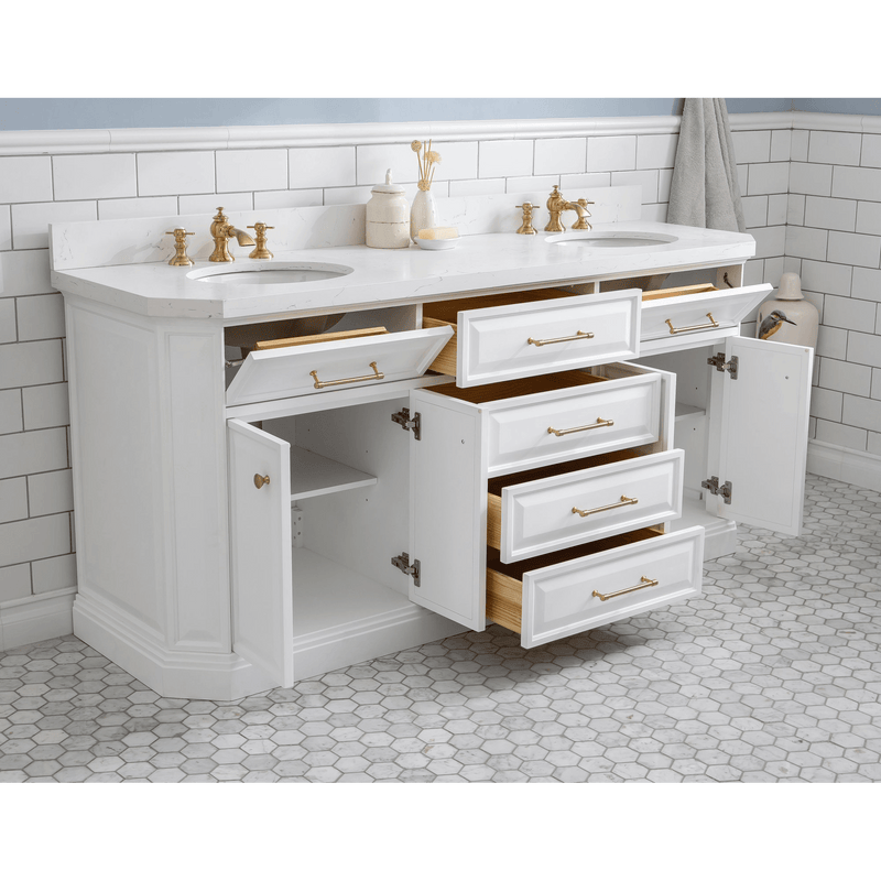 Water Creation 72" Palace Collection Quartz Carrara Pure White Bathroom Vanity Set with Hardware and F2-0013 Faucets in Satin Gold Finish and Only Mirrors in Chrome Finish PA72D-0613PW - Model Bath