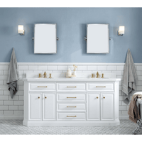 Water Creation 72" Palace Collection Quartz Carrara Pure White Bathroom Vanity Set with Hardware and F2-0013 Faucets in Satin Gold Finish and Only Mirrors in Chrome Finish PA72C-0613PW - Model Bath
