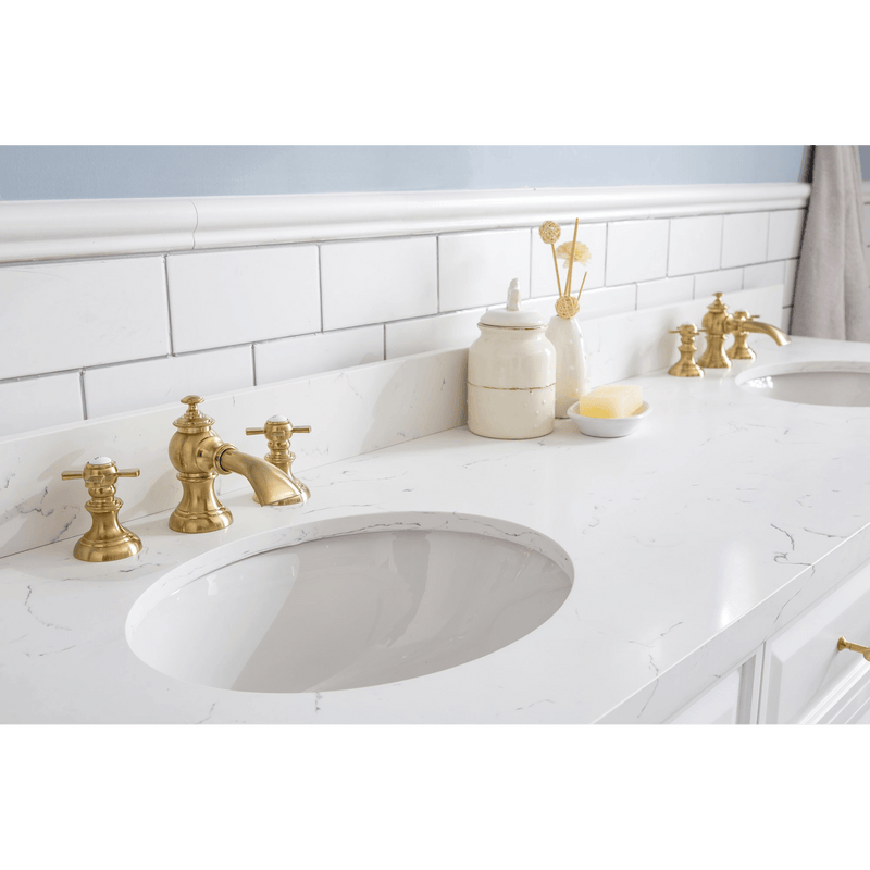 Water Creation 72" Palace Collection Quartz Carrara Pure White Bathroom Vanity Set with Hardware and F2-0013 Faucets in Satin Gold Finish and Only Mirrors in Chrome Finish PA72C-0613PW - Model Bath