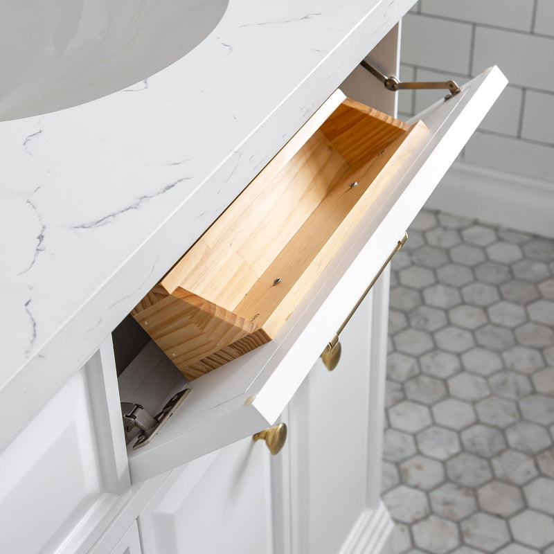 Water Creation 72" Palace Collection Quartz Carrara Pure White Bathroom Vanity Set with Hardware and F2-0013 Faucets in Satin Gold Finish and Only Mirrors in Chrome Finish PA72C-0613PW - Model Bath