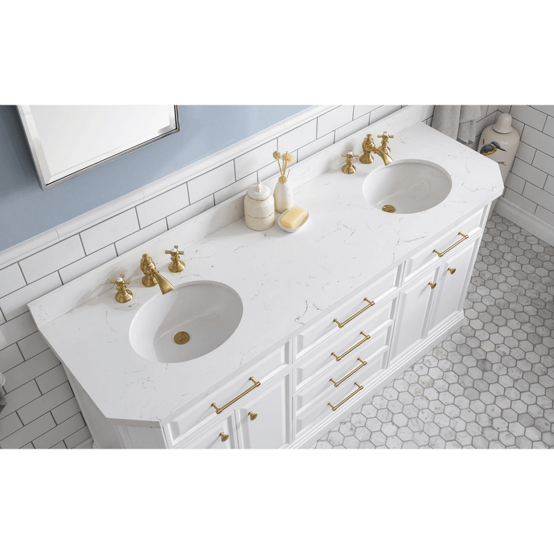 Water Creation 72" Palace Collection Quartz Carrara Pure White Bathroom Vanity Set with Hardware and F2-0013 Faucets in Satin Gold Finish and Only Mirrors in Chrome Finish PA72C-0613PW - Model Bath