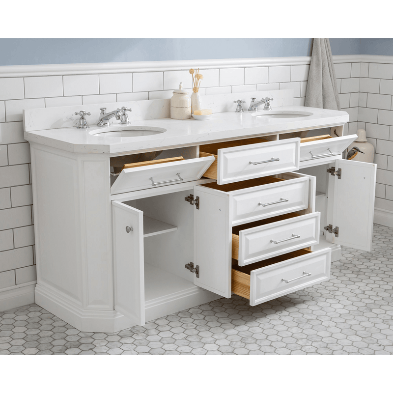 Water Creation 72" Palace Collection Quartz Carrara Pure White Bathroom Vanity Set with Hardware, Mirror in Chrome Finish PA72B-0100PW - Model Bath