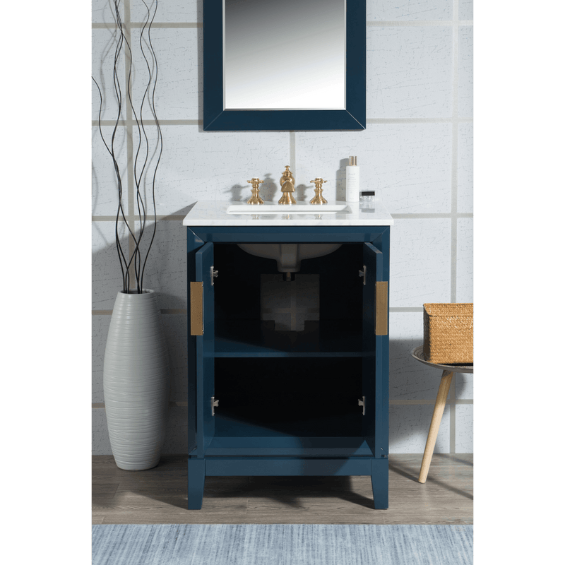 Water Creation Elizabeth 24" Single Sink Carrara White Marble Vanity in Monarch Blue with F2-0013-06-FX Lavatory Faucet(s) VEL024CWMB42 - Model Bath