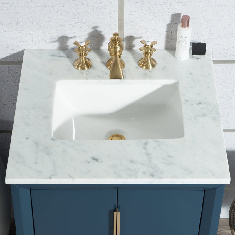 Water Creation Elizabeth 24" Single Sink Carrara White Marble Vanity in Monarch Blue with Matching Mirror(s) and F2-0013-06-FX Lavatory Faucet(s) VEL024CWMB38 - Model Bath